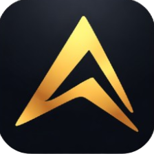 Black square with a gold logo on a white background